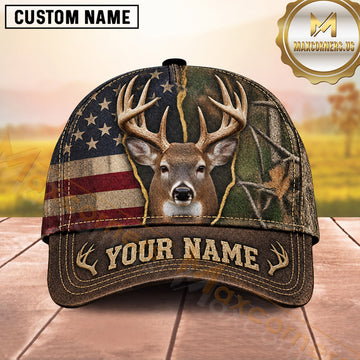 Maxcorners Deer Hunting Trophy Buck American Flag Woodland Design  Personalized Name 3D Cap