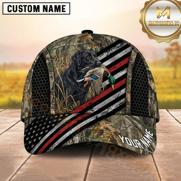 Maxcorners Black Red Silver Racing Stripe Camo Duck Hunting With Dogs Multi Options Personalized Name 3D Cap