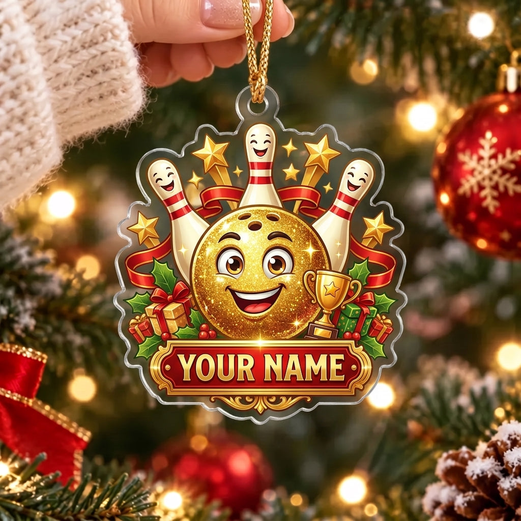Maxcorners Bowling Happy Golden Bowling Ball Christmas Trophy Personalized Name Christmas Ornament
