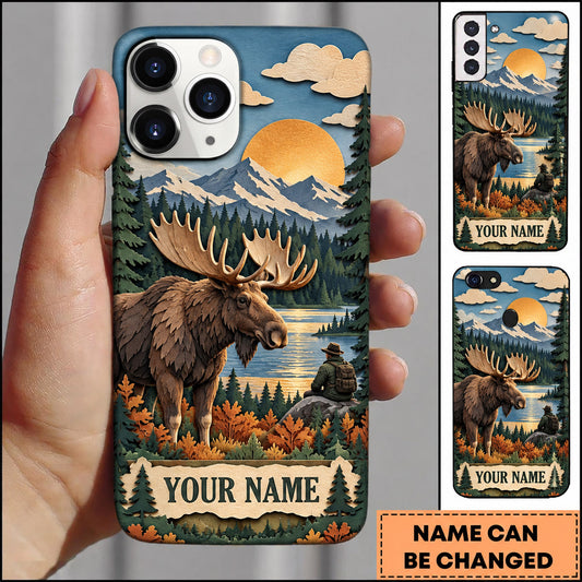 Maxcorners Moose Hunting Vintage Mountain Forest Sunset Personalized Name 3D Phone Case