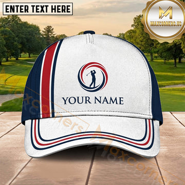 Maxcorners Golf Classic White Navy Golfer Emblem Personalized Name 3D Cap