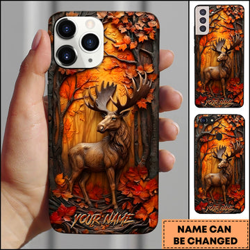Maxcorners Moose Wildlife Autumn Forest Wood Carving Art Multiple Options Personalized Name Phone Case