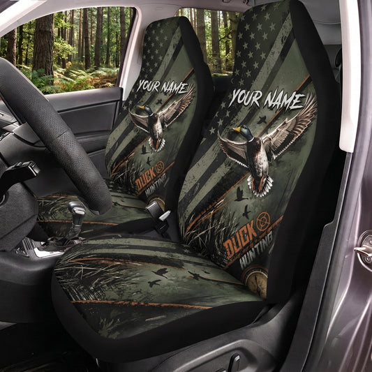 Maxcorners Duck Hunting Dark Green American Flag Camo Personalized Name Car Seat Covers