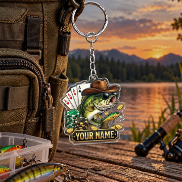Maxcorners Lucky Fishing Cards Artwork Personalized Name 2D Acrylic Keychain Ornament (8 Fish Species)