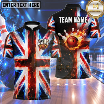 Maxcorners British Flag Bowling Jersey Fiery Union Jack Lightning Multiple Options Personalized Name, Team Name 3D Shirt