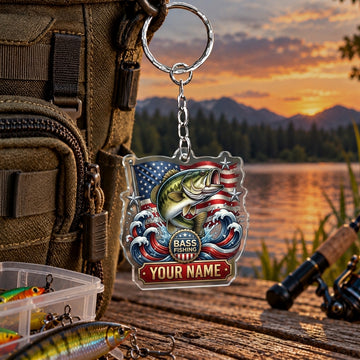 Maxcorners Patriotic American Flag Fishing Artwork Personalized Name 2D Acrylic Keychain Ornament (8 Fish Species)