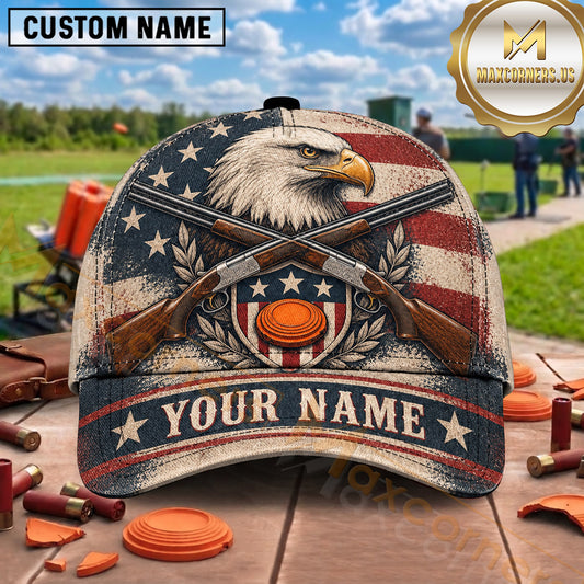 Maxcorners Trap Shooting American Eagle Flag Design Multiple Options Personalized Name 3D Cap