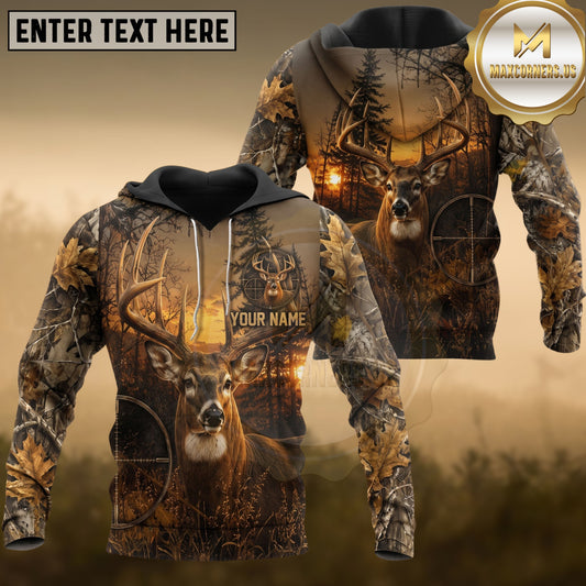Maxcorners Deer Hunting Sunset Whitetail Buck Crosshair Camo Multiple Options Personalized Name 3D Hoodie