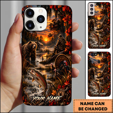 Maxcorners Hunting Wildlife Bear Trout Fish Turkey Autumn Forest Sunset Multiple Options Personalized Name Phone Case