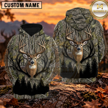 Maxcorners Trophy Whitetail Buck Forest Silhouette Personalized Name 3D Hoodie
