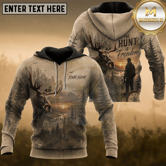 Maxcorners Moose Hunting Wilderness Freedom Scenic Forest Multiple Options Personalized Name 3D Hoodie