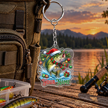 Maxcorners Christmas Holiday Fishing Artwork Personalized Name 2D Acrylic Keychain Ornament (8 Fish Species)