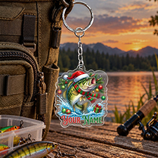 Maxcorners Christmas Holiday Fishing Artwork Personalized Name 2D Acrylic Keychain Ornament (8 Fish Species)