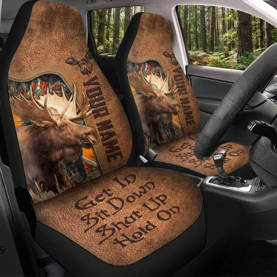 Maxcorners Elk Hunting Hold On Brown Leather Car Seat Covers