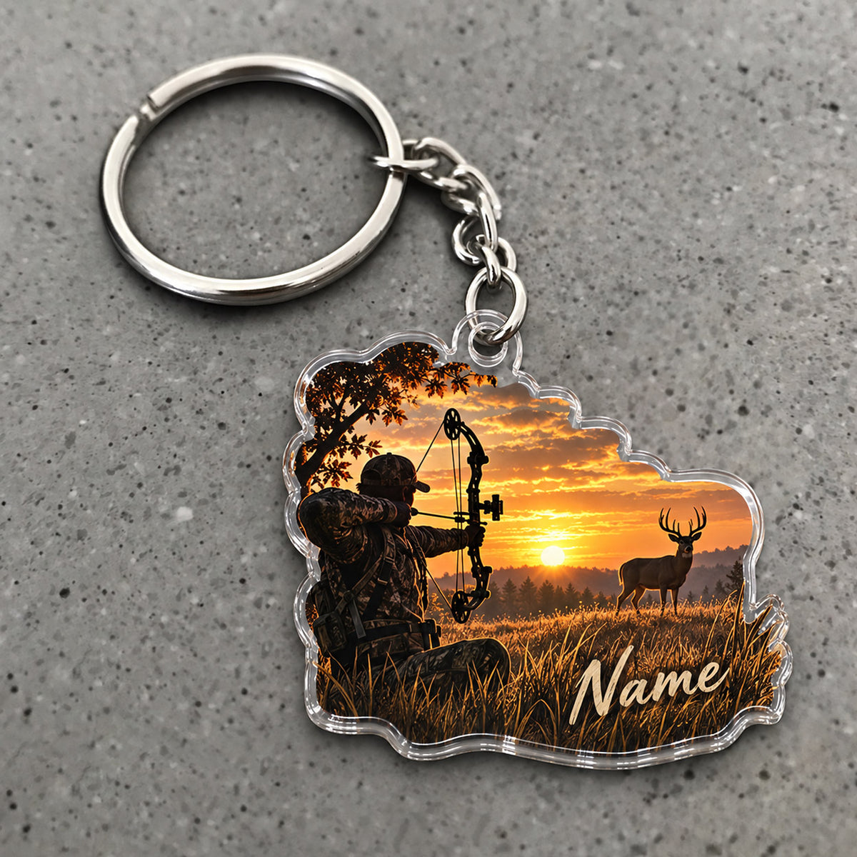 Maxcorners Bow Hunter Sunset Deer Scene Custom Name Trap Hunting Custom Gift 2D Flat Acrylic Ornament, Keychain