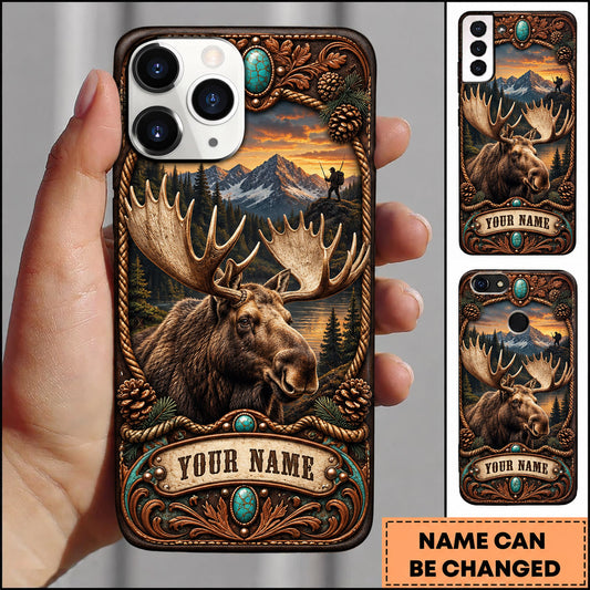 Maxcorners Moose Hunting Western Leather Tooled Mountain Personalized Name 3D Phone Case