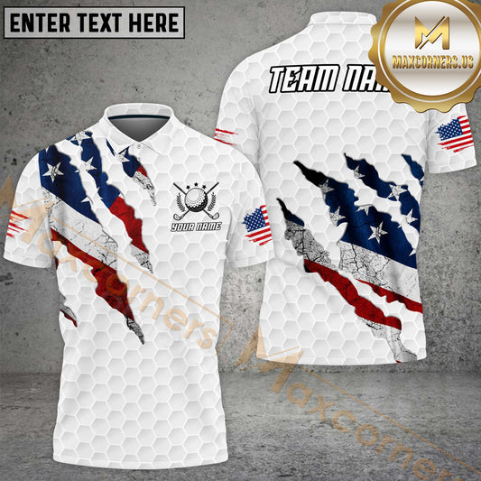 Maxcorners Golf American Flag Torn Effect Honeycomb Golf Design Multiple Options Personalized Name, Team Name 3D Shirt