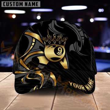Maxcorners Billiards 9 Ball Black Gold Flame Multiple Options Personalized Name 3D Cap