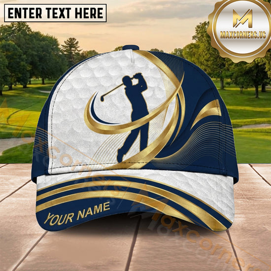 Maxcorners Golf Classic White Navy Gold Golfer Personalized Name 3D Cap