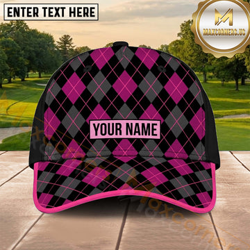 Maxcorners Golf Pink Black Argyle Geometric Personalized Name 3D Cap