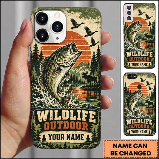 Maxcorners Bass Fishing Vintage Sunset Forest Angler Personalized Name 3D Phone Case