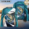 Maxcorners Fishing Shirt Turquoise Water Swirl Fish Scale Pattern Multiple Options Personalized Name, Team Name 3D Long Sleeve Shirt (13 Fish Species)