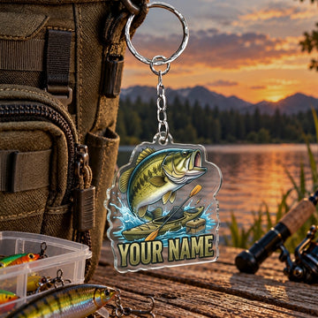 Maxcorners Dynamic Ocean Wave Fishing Artwork Personalized Name 2D Acrylic Keychain Ornament (8 Fish Species)
