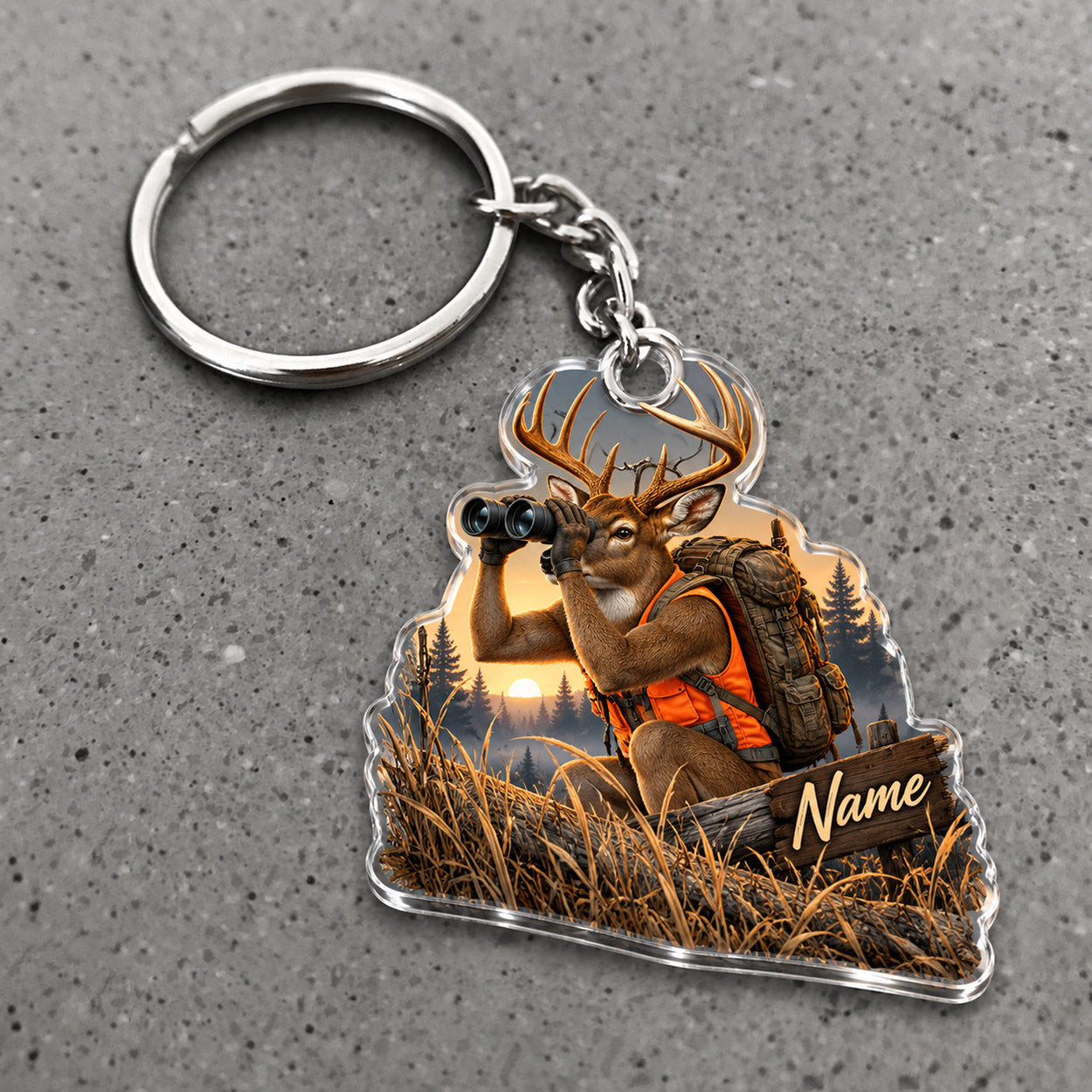 Maxcorners Deer Hunter Marsh Grass Sunset Scene Custom Name Trap Hunting Custom Gift 2D Flat Acrylic Ornament, Keychain