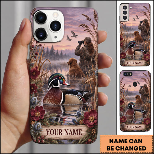 Maxcorners Duck Hunting Wood Duck Floral Marsh Vintage Art Personalized Name 3D Phone Case