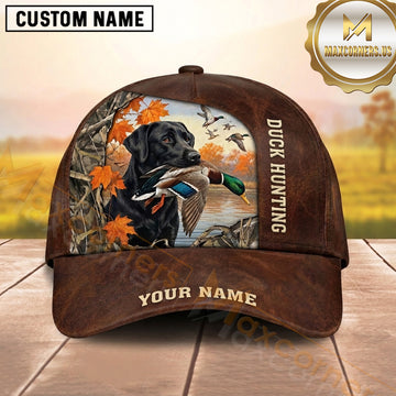 Maxcorners Autumn Leaves Brown Leather Duck Hunting With Dogs Multi Options Personalized Name 3D Cap