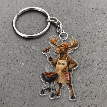 Maxcorners Moose Grill Master Barbecue Character Custom Name Trap Hunting Custom Gift 2D Flat Acrylic Ornament, Keychain