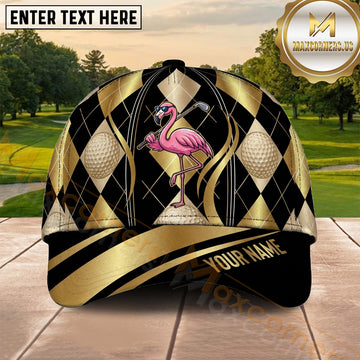 Maxcorners Golf Luxury Black Gold Flamingo Argyle Personalized Name 3D Cap