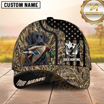 Maxcorners Black Star Flag Wetland Camo Duck Hunting Dog Cap, Multiple Breeds Personalized Name 3D Cap