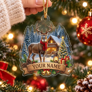 Maxcorners Whitetail Deer Winter Cabin Scene Personalized Name Christmas Ornament