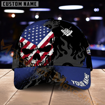 Maxcorners Billiards 8 Ball American Flag Skull Patriotic Multiple Options Personalized Name 3D Cap