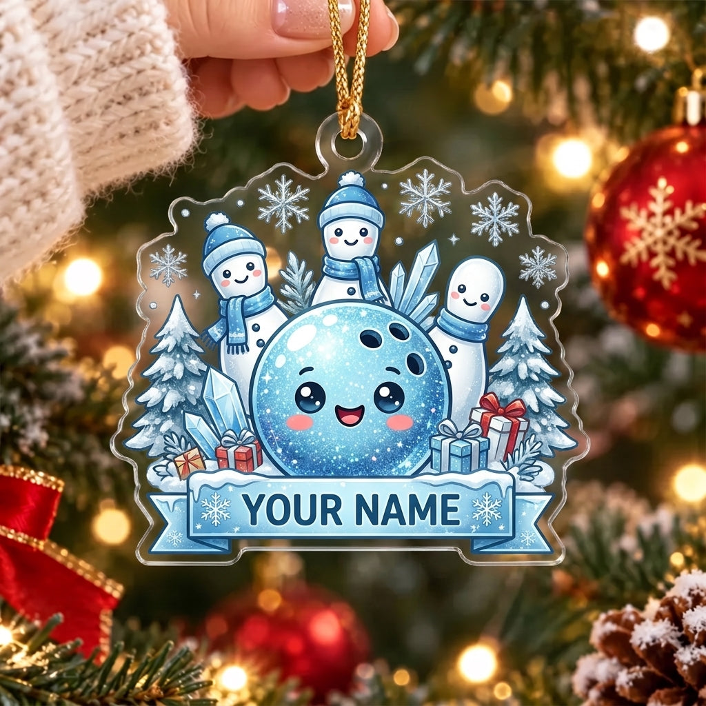 Maxcorners Bowling Icy Blue Bowling Ball Snowman Christmas Personalized Name Christmas Ornament