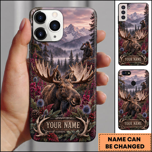 Maxcorners Moose Hunting Floral Woodland Mountain Scene Personalized Name 3D Phone Case