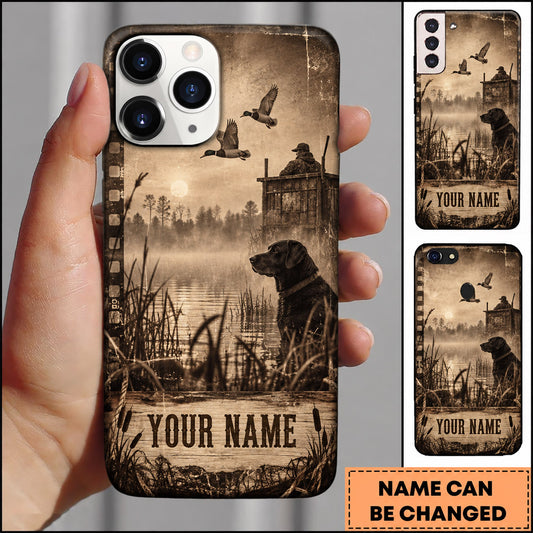 Maxcorners Duck Hunting Black Lab Marsh Vintage Sepia Personalized Name 3D Phone Case