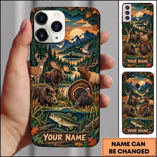 Maxcorners Wildlife Outdoor Hunting Deer Turkey Bass Mountain Forest Personalized Name 3D Phone Case
