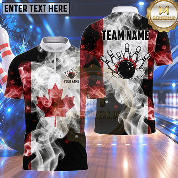 Maxcorners Canada Flag Bowling Shirt Smoky Maple Leaf Texture Multiple Options Personalized Name, Team Name 3D Shirt