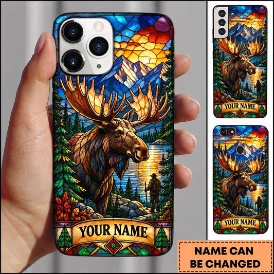 Maxcorners Moose Hunting Stained Glass Mountain Forest Personalized Name 3D Phone Case