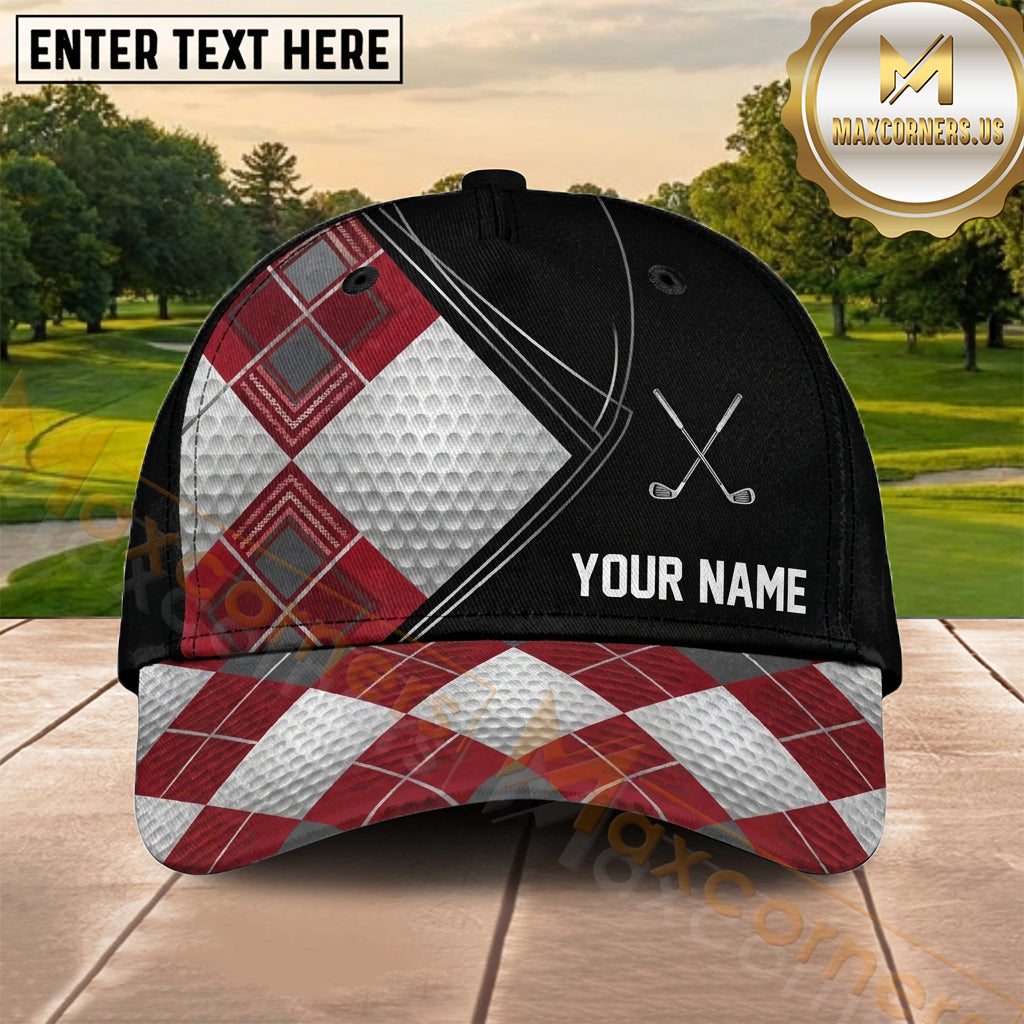 Maxcorners Golf Red Black Silver Argyle Geometric Personalized Name 3D Cap