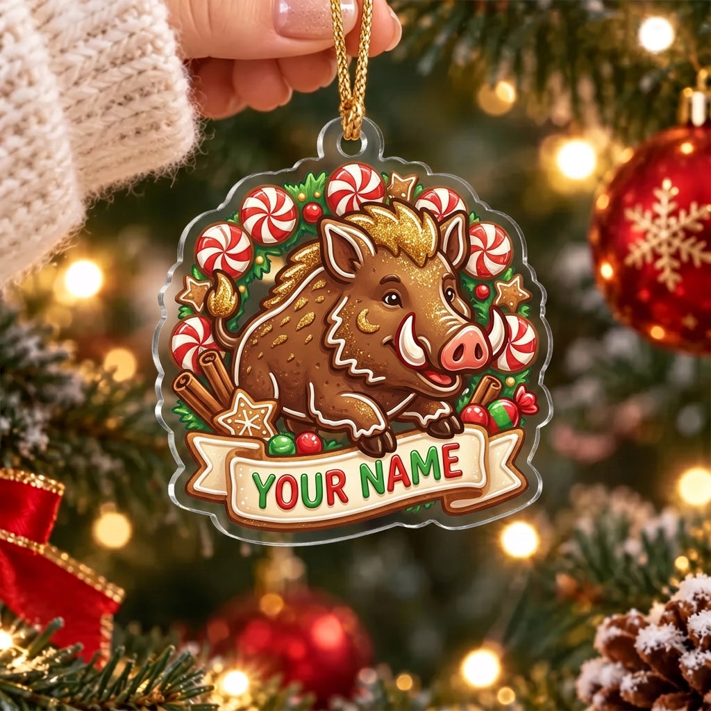 Maxcorners Cute Wild Boar Candy Cane Christmas Personalized Name Christmas Ornament