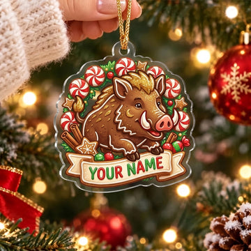 Maxcorners Cute Wild Boar Candy Cane Christmas Personalized Name Christmas Ornament
