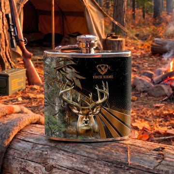 Maxcorners Deer Hunting Whitetail Buck and Dynamic Antler Stripe Artwork Multiple Options Personalized Name 3D Hip Flask