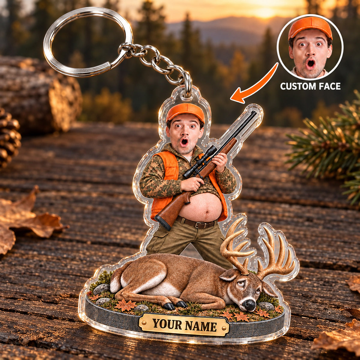 Maxcorners Deer Hunting Funny Belly Hunter Trophy Buck Custom Name & Face Custom Gift 2D Flat Acrylic Ornament, Keychain