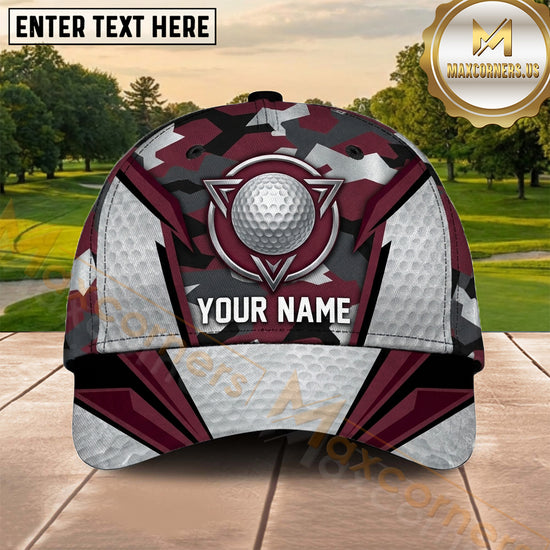 Maxcorners Golf Burgundy Silver Geometric Shield Personalized Name 3D Cap