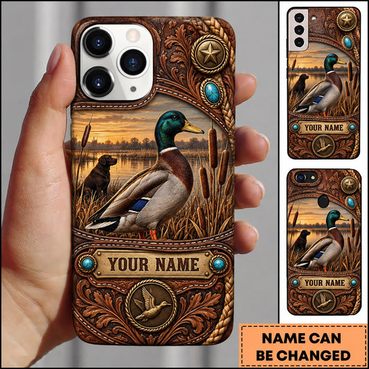 Maxcorners Mallard Duck Hunting Western Leather Tooled Marsh Personalized Name 3D Phone Case