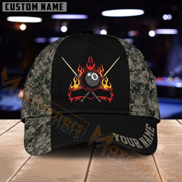 Maxcorners Billiards 8 Ball Flaming Skull Dark Camo Multiple Options Personalized Name 3D Cap