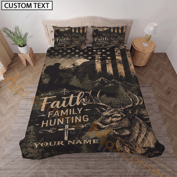 Maxcorners Custom Name Faith Family Hunting Bedding Set, American Flag Deer Hunter Bedding, Personalized Christian Hunting Gift